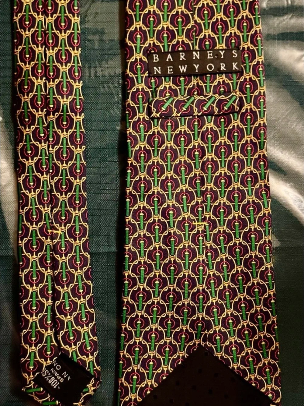 Barney’s Men's Patterned Silk Tie in Green, Red and Yellow